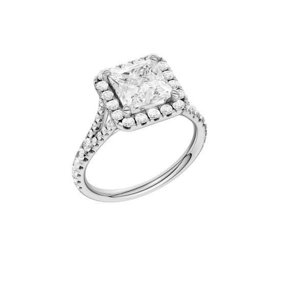 A three-quarter view of the Princess cut diamond engagement ring in platinum with a prong band and solitaire setting