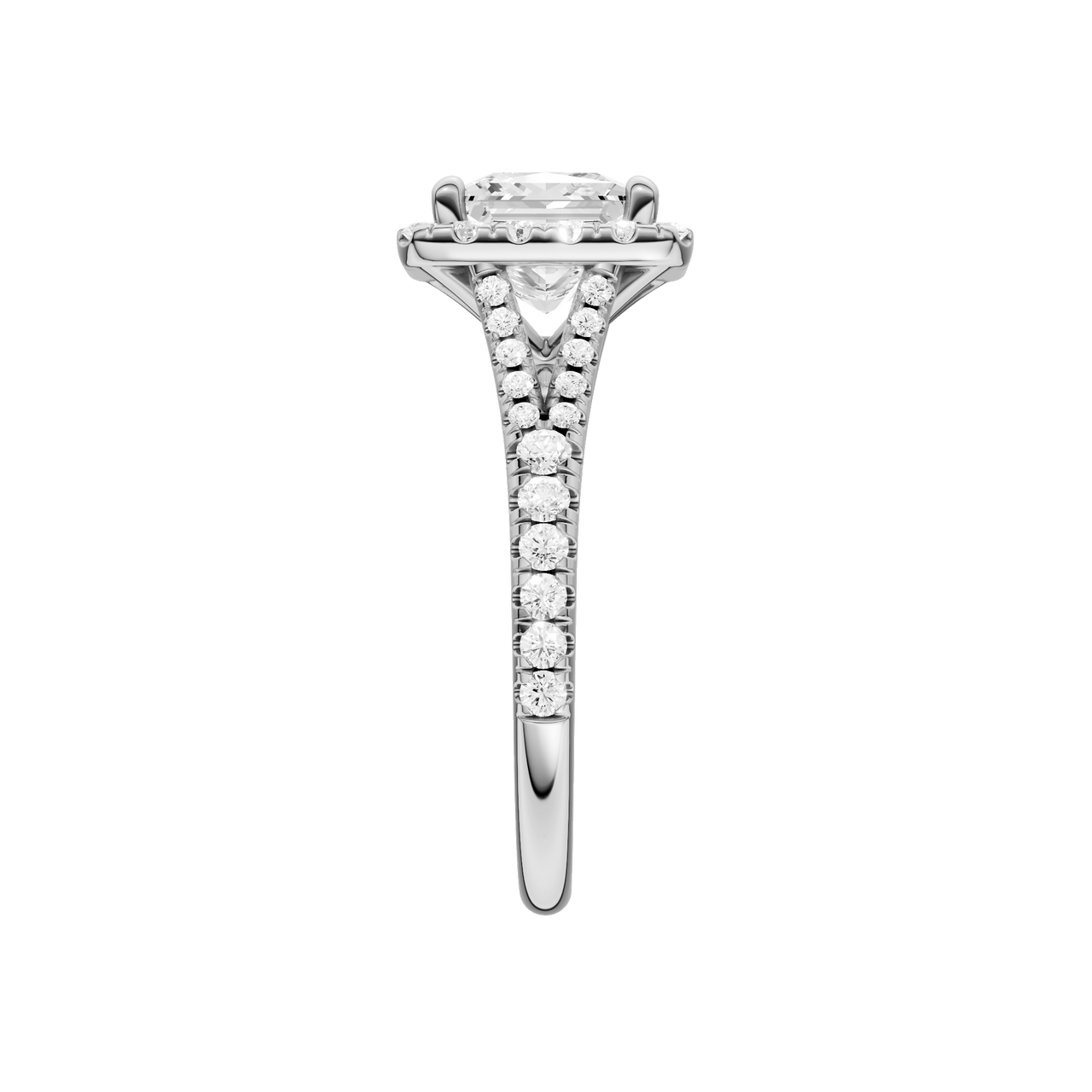 A side view of the Princess cut diamond engagement ring in platinum with a prong band and solitaire setting