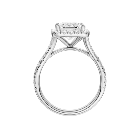 A profile view of the Princess cut diamond engagement ring in 14k white gold with a prong band and solitaire setting