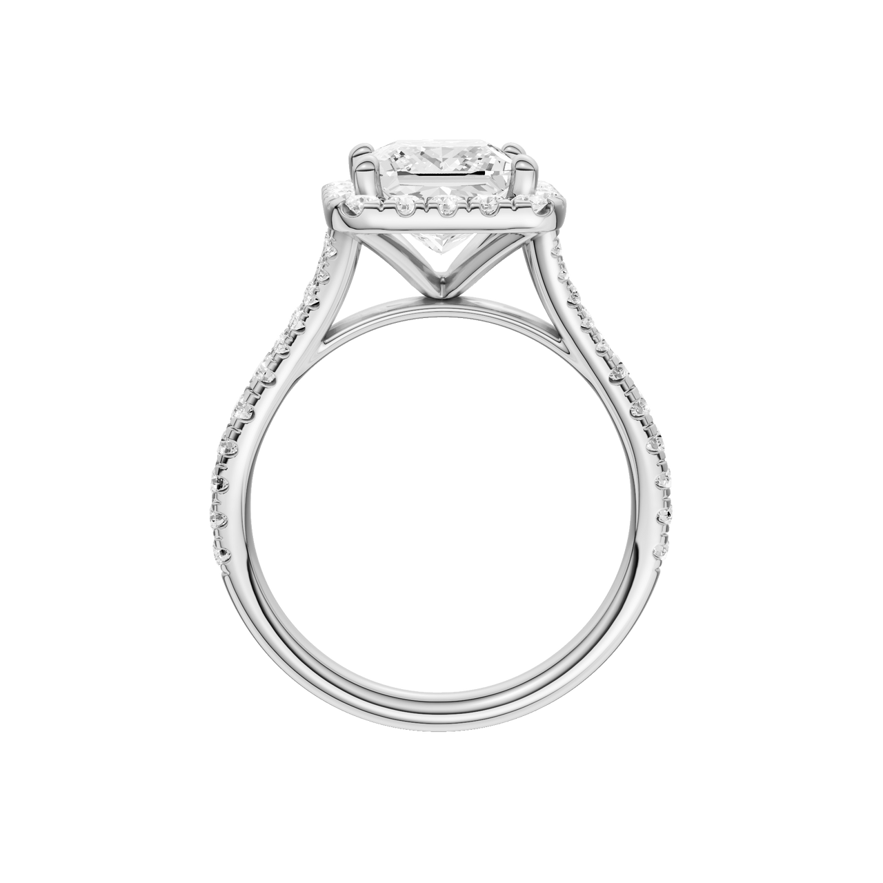 A profile view of the Princess cut diamond engagement ring in platinum with a prong band and solitaire setting