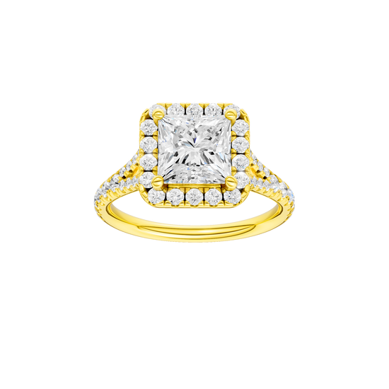 A front view of the Princess cut diamond engagement ring in 14k yellow gold with a prong band and solitaire setting