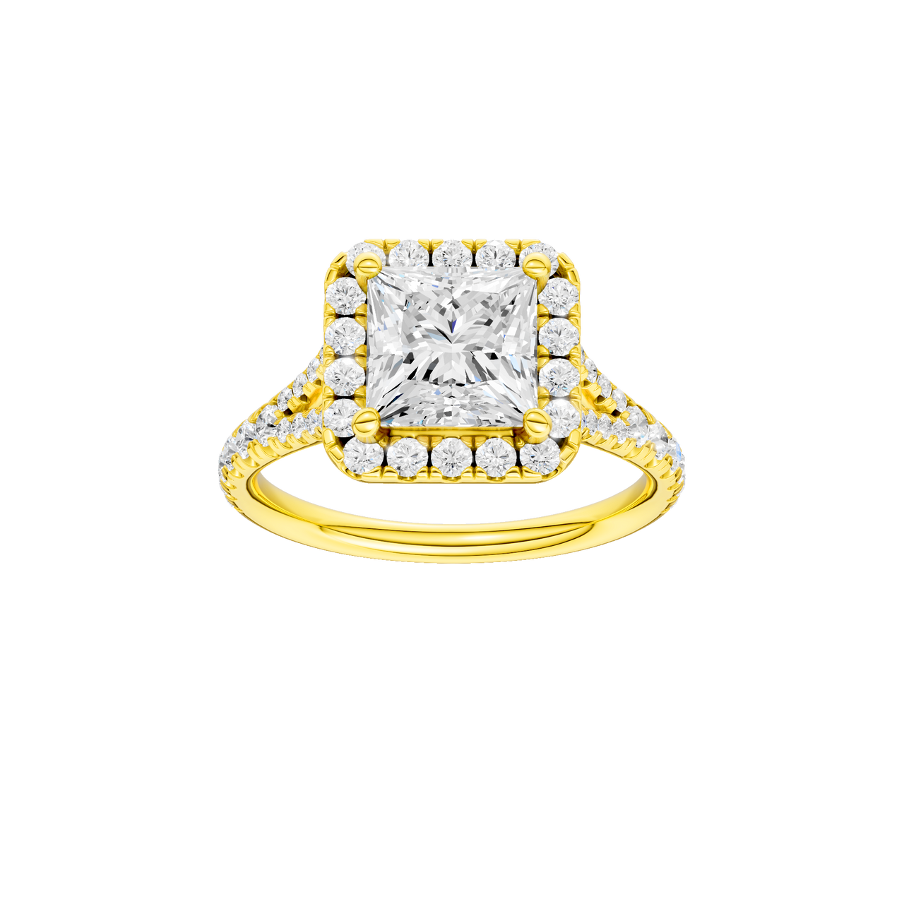 A front view of the Princess cut diamond engagement ring in 14k yellow gold with a prong band and solitaire setting
