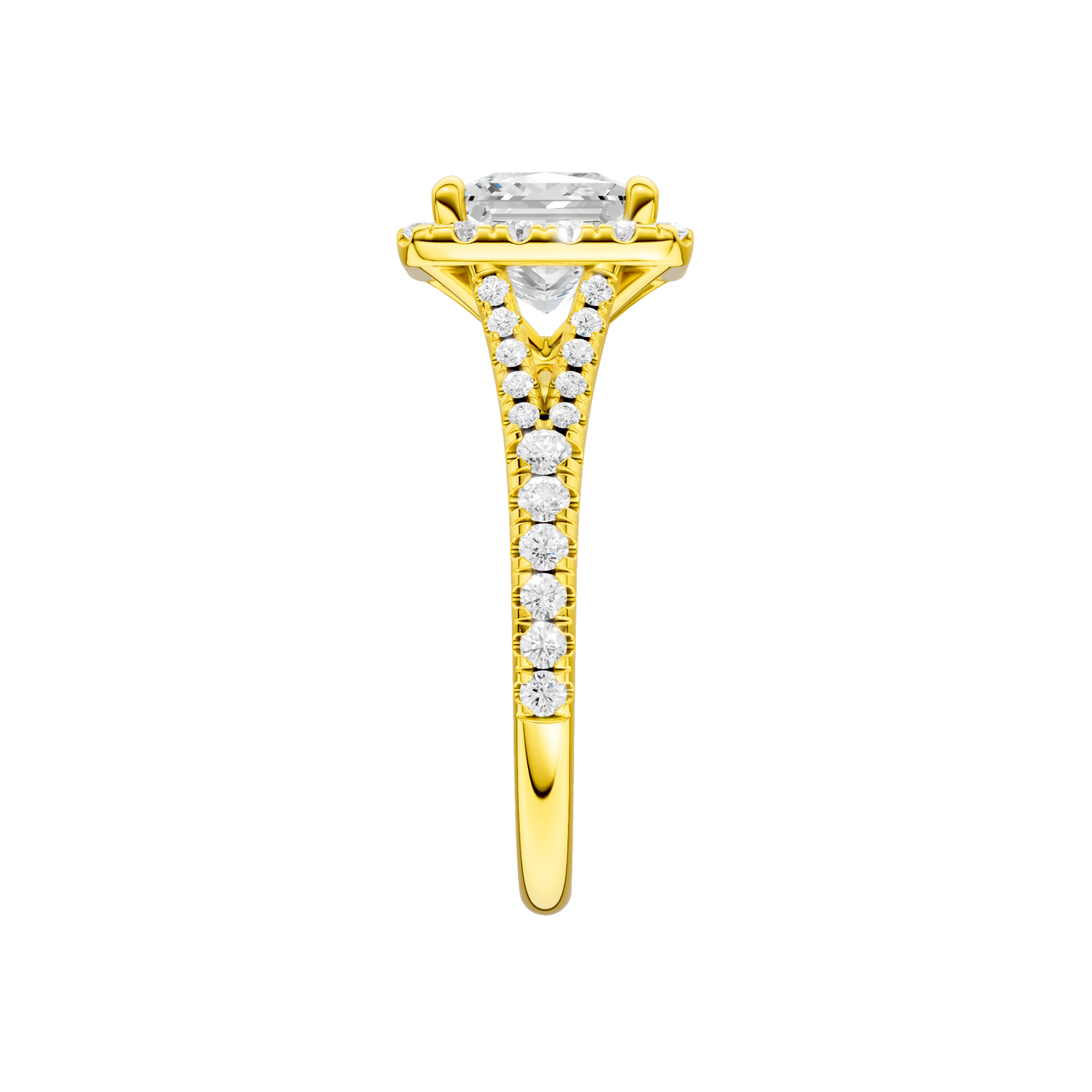 A side view of the Princess cut diamond engagement ring in 14k yellow gold with a prong band and solitaire setting