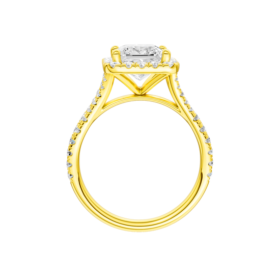 A profile view of the Princess cut diamond engagement ring in 14k yellow gold with a prong band and solitaire setting
