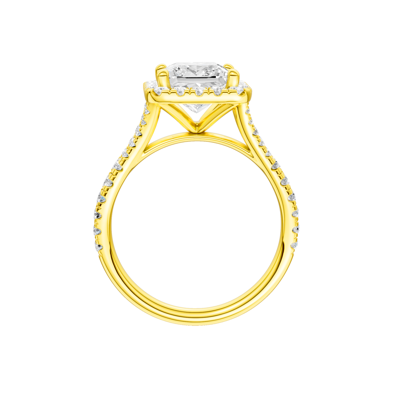 A profile view of the Princess cut diamond engagement ring in 14k yellow gold with a prong band and solitaire setting