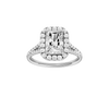 A front view of the Radiant cut diamond engagement ring in 14k white gold with a diamond band and halo setting