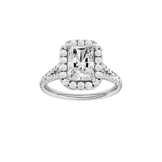 A front view of the Radiant cut diamond engagement ring in 14k white gold with a diamond band and halo setting