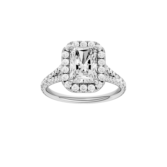 A front view of the Radiant cut diamond engagement ring in platinum with a diamond band and halo setting