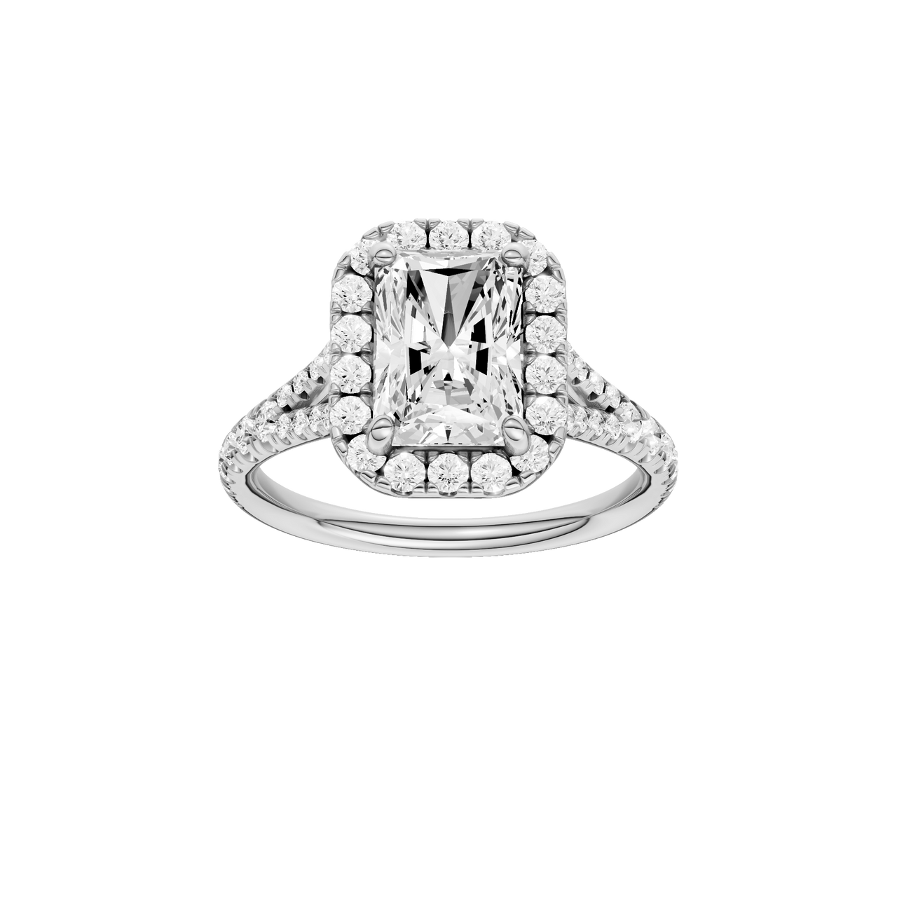 A front view of the Radiant cut diamond engagement ring in platinum with a diamond band and halo setting