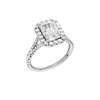 A three-quarter view of the Radiant cut diamond engagement ring in platinum with a diamond band and halo setting