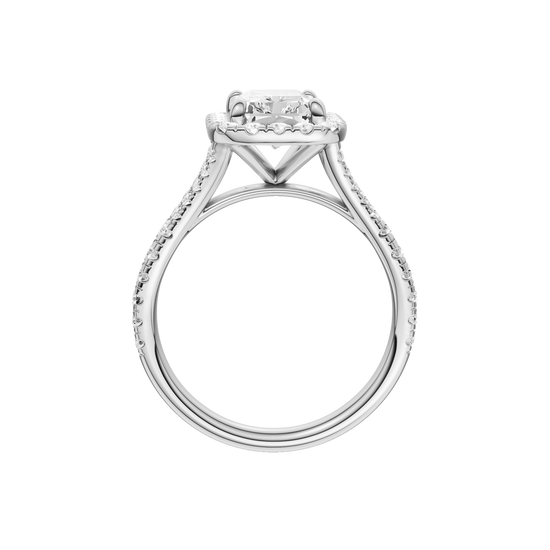 A profile view of the Radiant cut diamond engagement ring in platinum with a diamond band and halo setting