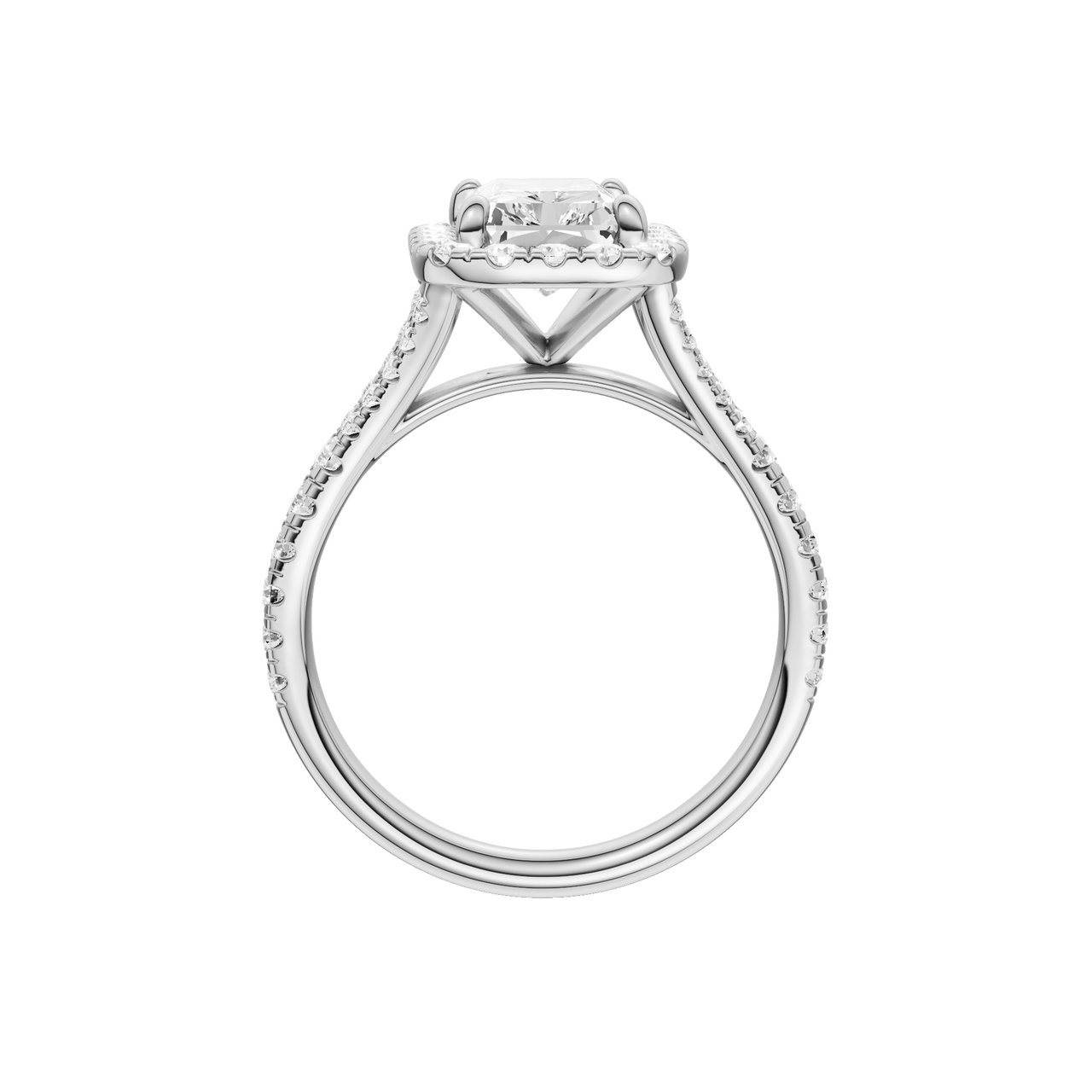 A profile view of the Radiant cut diamond engagement ring in platinum with a diamond band and halo setting