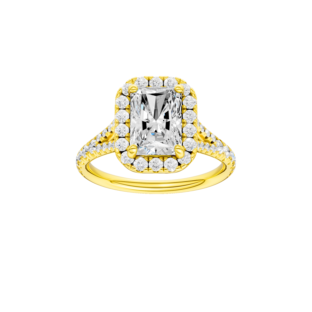 A front view of the Radiant cut diamond engagement ring in 14k yellow gold with a diamond band and halo setting