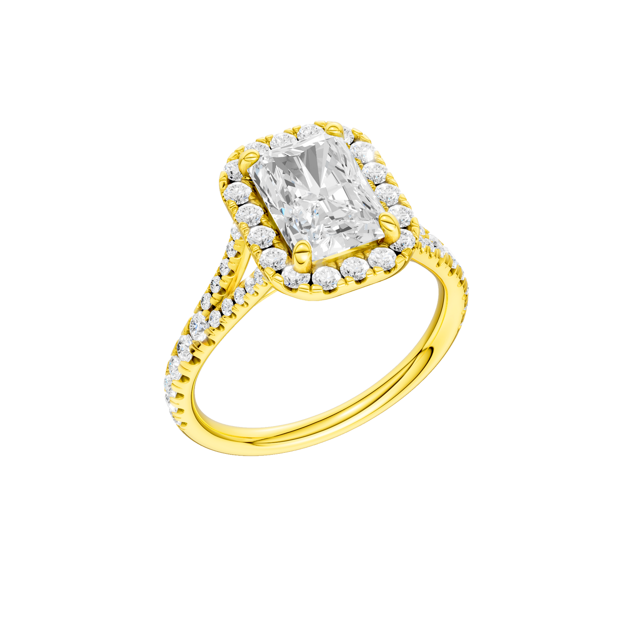 A three-quarter view of the Radiant cut diamond engagement ring in 14k yellow gold with a diamond band and halo setting