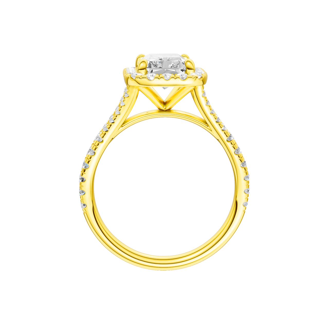 A profile view of the Radiant cut diamond engagement ring in 14k yellow gold with a diamond band and halo setting
