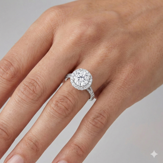 Round cut diamond engagement ring in 14k white gold with a prong diamond band and split setting on a hand