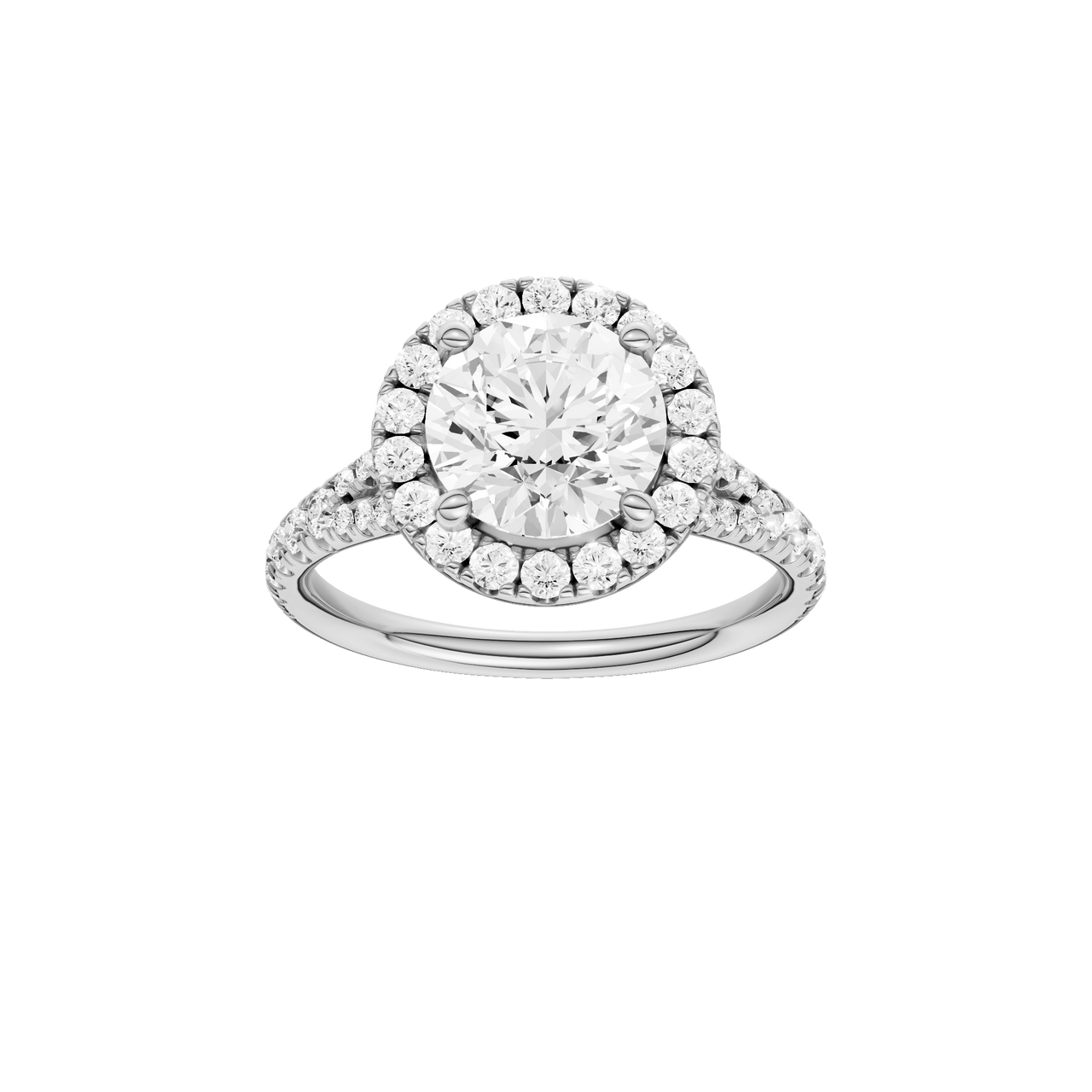 A front view of the Round cut diamond engagement ring in platinum with a prong diamond band and split setting