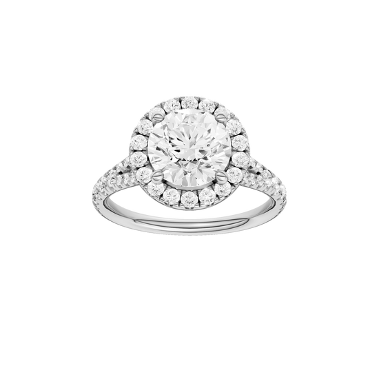 A front view of the Round cut diamond engagement ring in 14k white gold with a prong diamond band and split setting