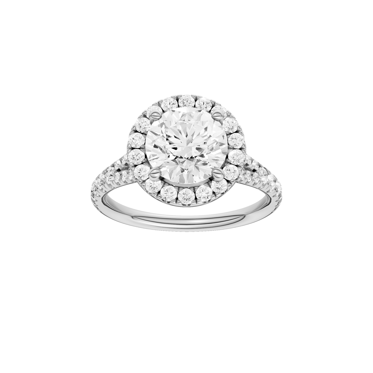 A front view of the Round cut diamond engagement ring in 14k white gold with a prong diamond band and split setting