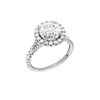 A three-quarter view of the Round cut diamond engagement ring in platinum with a prong diamond band and split setting