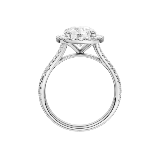 A profile view of the Round cut diamond engagement ring in 14k white gold with a prong diamond band and split setting