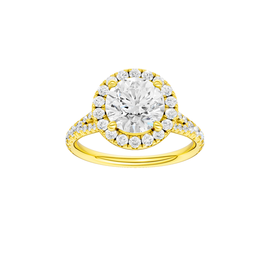 A front view of the Round cut diamond engagement ring in 14k yellow gold with a prong diamond band and split setting