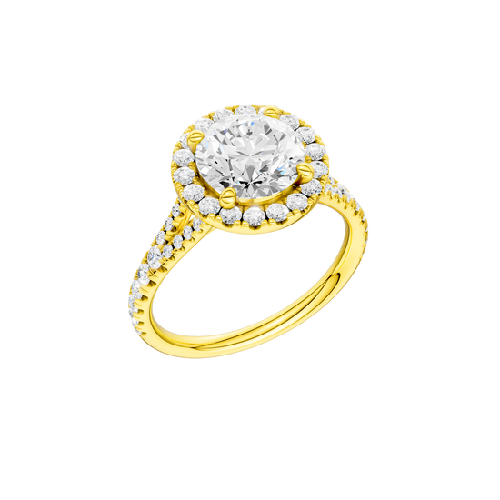 A three-quarter view of the Round cut diamond engagement ring in 14k yellow gold with a prong diamond band and split setting