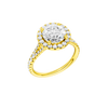 A three-quarter view of the Round cut diamond engagement ring in 14k yellow gold with a prong diamond band and split setting