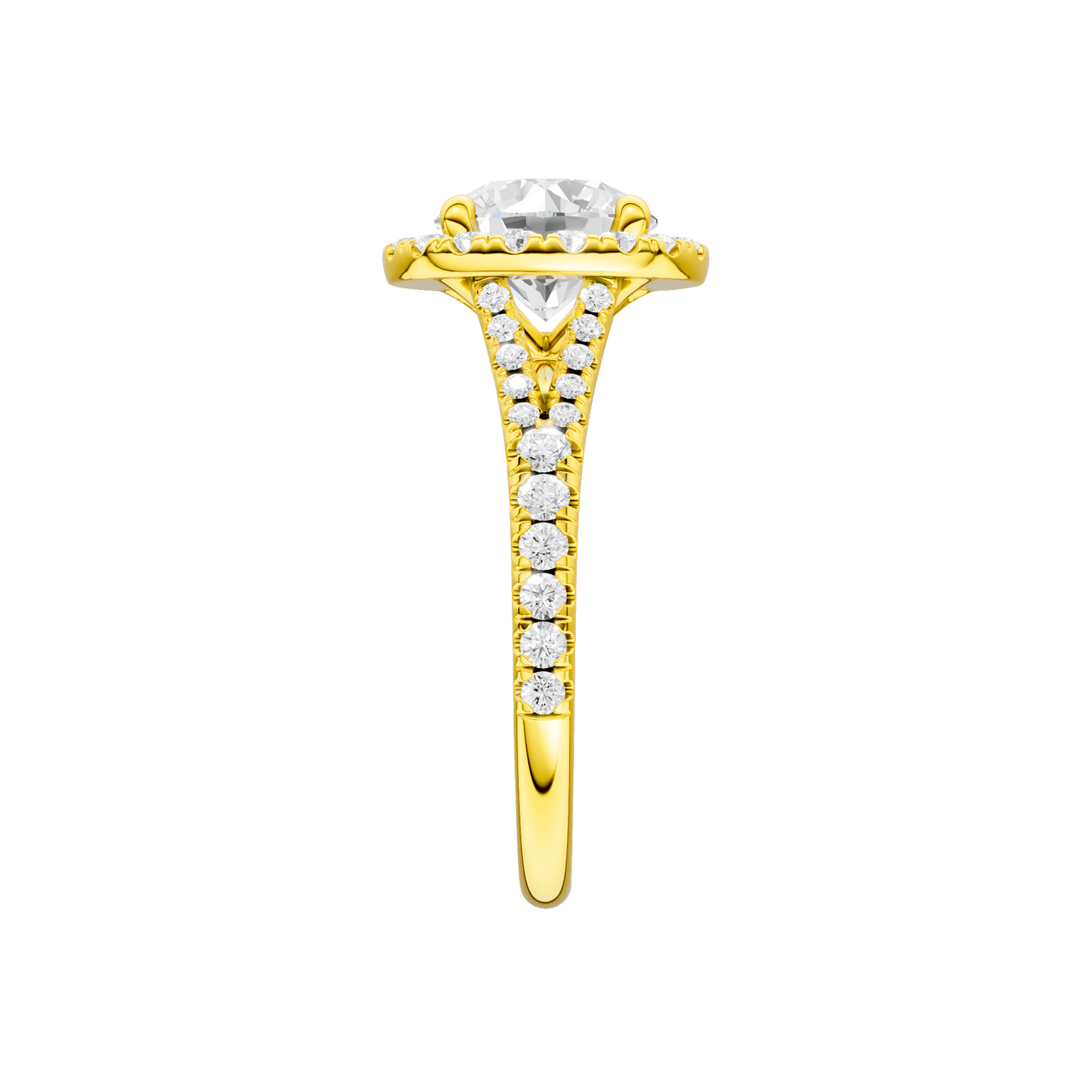 A side view of the Round cut diamond engagement ring in 14k yellow gold with a prong diamond band and split setting