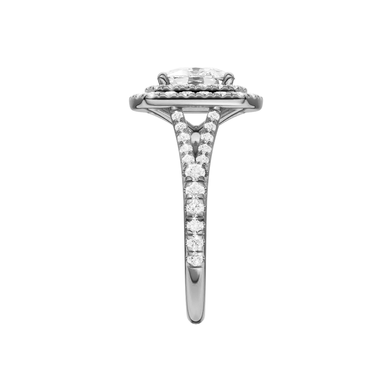 A side view of the Elongated cushion cut diamond engagement ring in 14k white gold with a prong diamond band and split setting