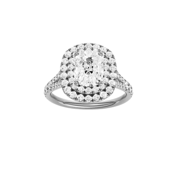 A front view of the Elongated cushion cut diamond engagement ring in 14k white gold with a prong diamond band and split setting