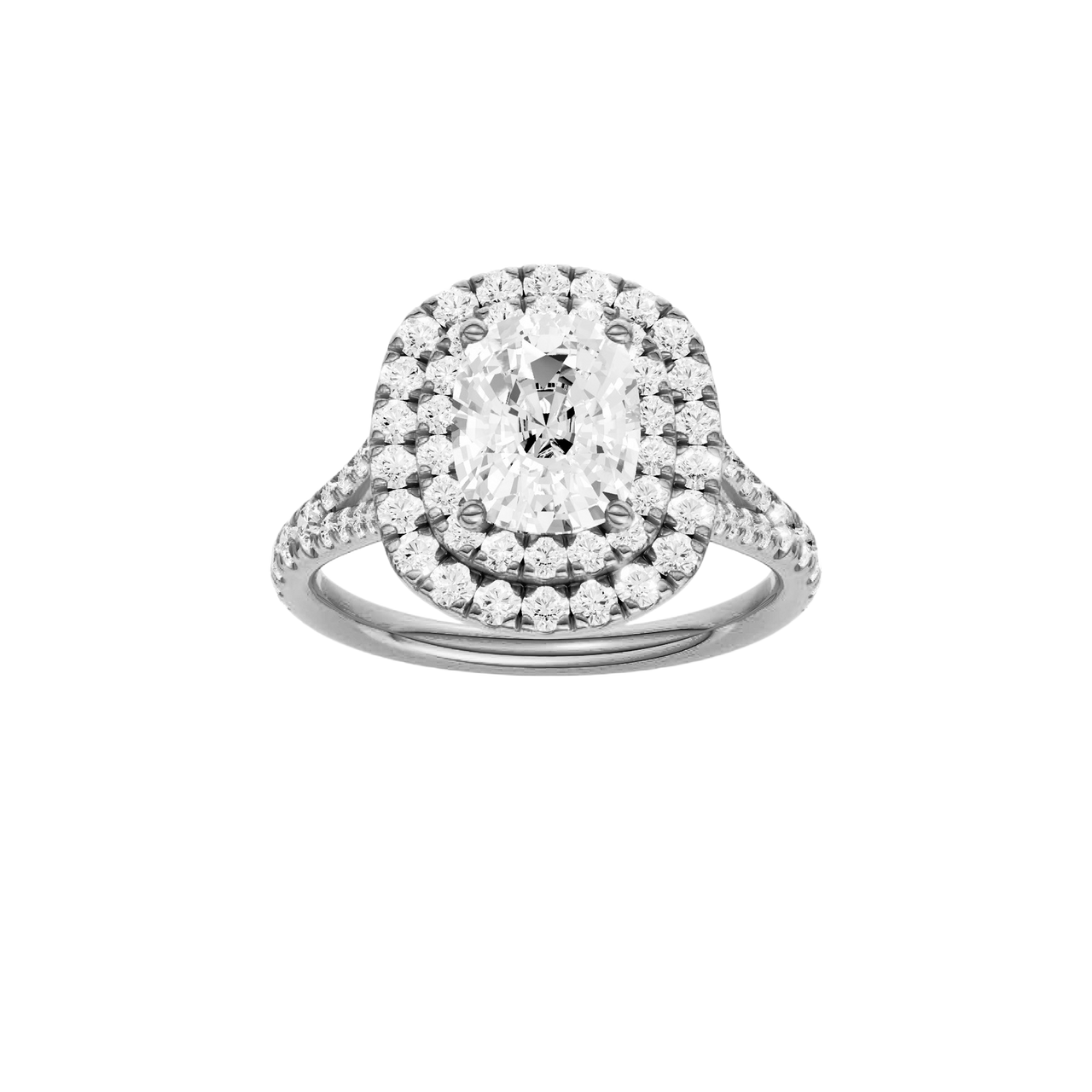 A front view of the Elongated cushion cut diamond engagement ring in platinum with a prong diamond band and split setting