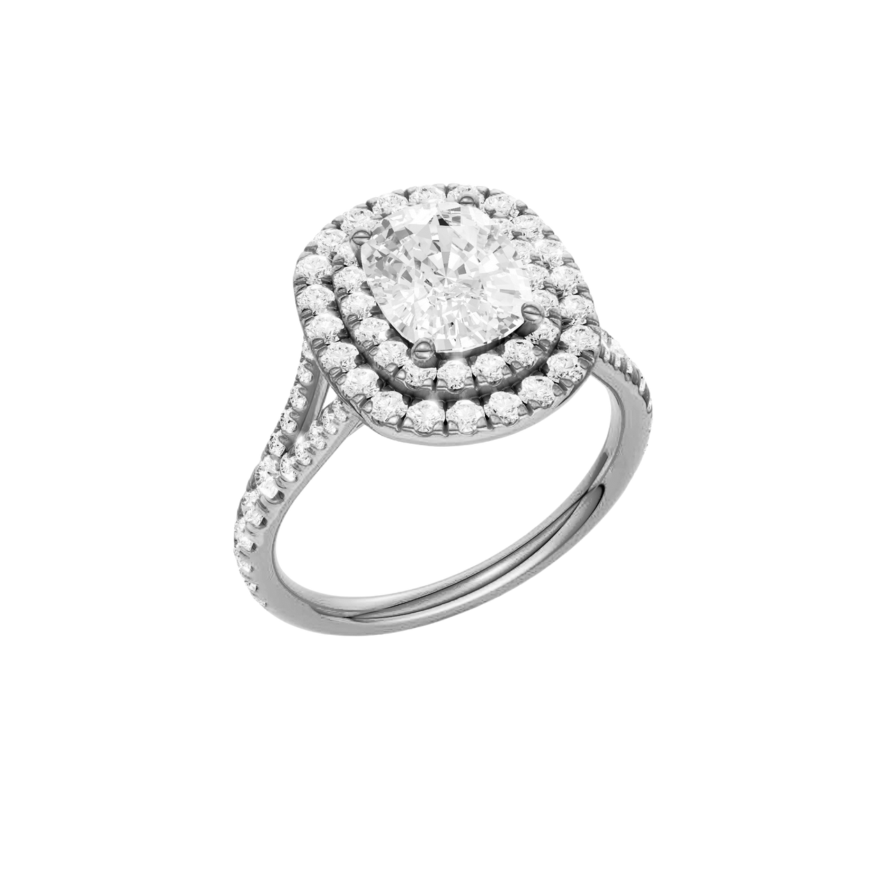 A three-quarter view of the Elongated cushion cut diamond engagement ring in 14k white gold with a prong diamond band and split setting