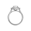 A profile view of the Elongated cushion cut diamond engagement ring in 14k white gold with a prong diamond band and split setting