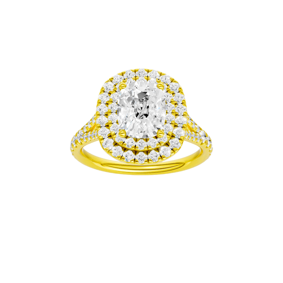 A front view of the Elongated cushion cut diamond engagement ring in 14k yellow gold with a prong diamond band and split setting