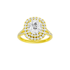 A front view of the Elongated cushion cut diamond engagement ring in 14k yellow gold with a prong diamond band and split setting