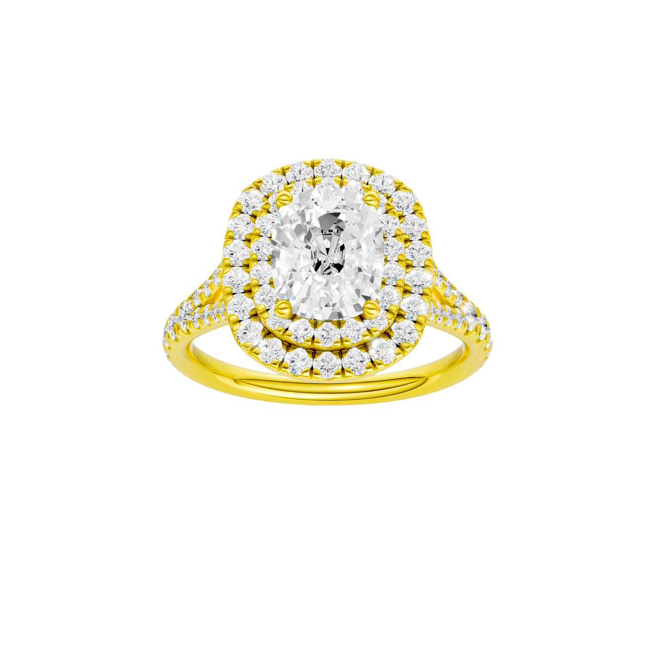 A front view of the Elongated cushion cut diamond engagement ring in 14k yellow gold with a prong diamond band and split setting