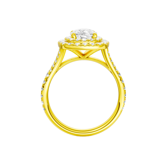 A profile view of the Elongated cushion cut diamond engagement ring in 14k yellow gold with a prong diamond band and split setting