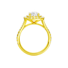 A profile view of the Elongated cushion cut diamond engagement ring in 14k yellow gold with a prong diamond band and split setting