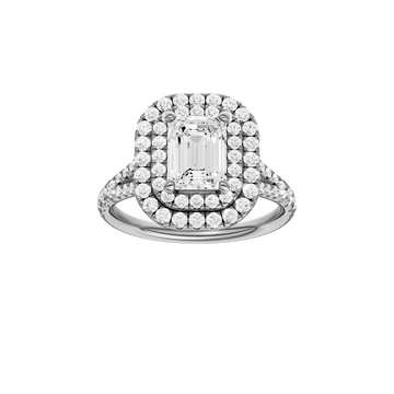 A front view of the Emerald cut diamond engagement ring in 14k white gold with a prong diamond band and split setting