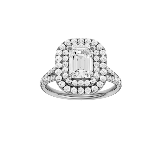 A front view of the Emerald cut diamond engagement ring in 14k white gold with a prong diamond band and split setting