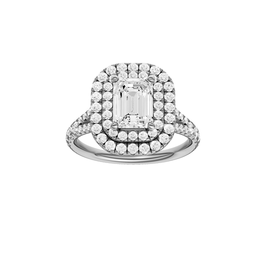A front view of the Emerald cut diamond engagement ring in platinum with a prong diamond band and split setting
