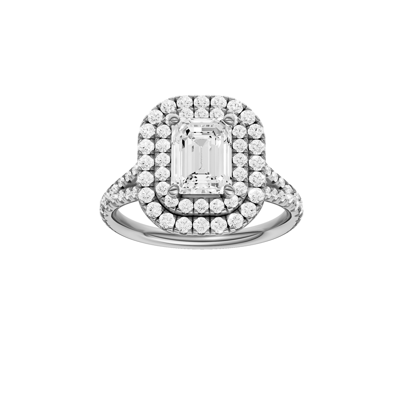 A front view of the Emerald cut diamond engagement ring in platinum with a prong diamond band and split setting