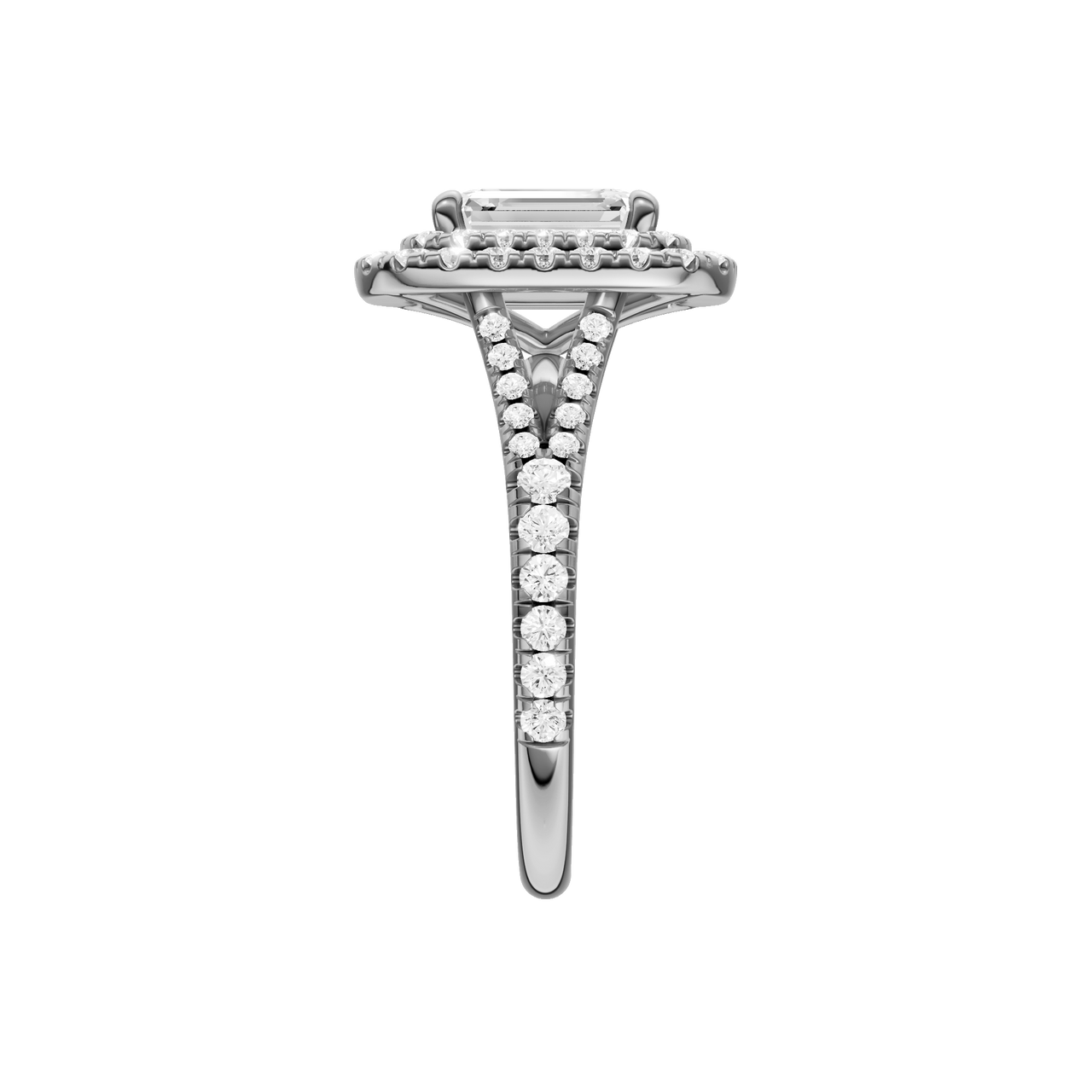 A side view of the Emerald cut diamond engagement ring in platinum with a prong diamond band and split setting