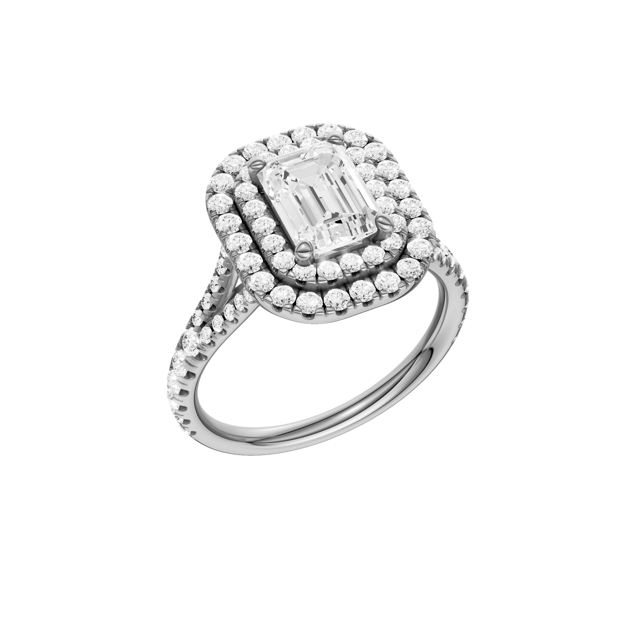 A three-quarter view of the Emerald cut diamond engagement ring in platinum with a prong diamond band and split setting