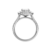 A profile view of the Emerald cut diamond engagement ring in 14k white gold with a prong diamond band and split setting