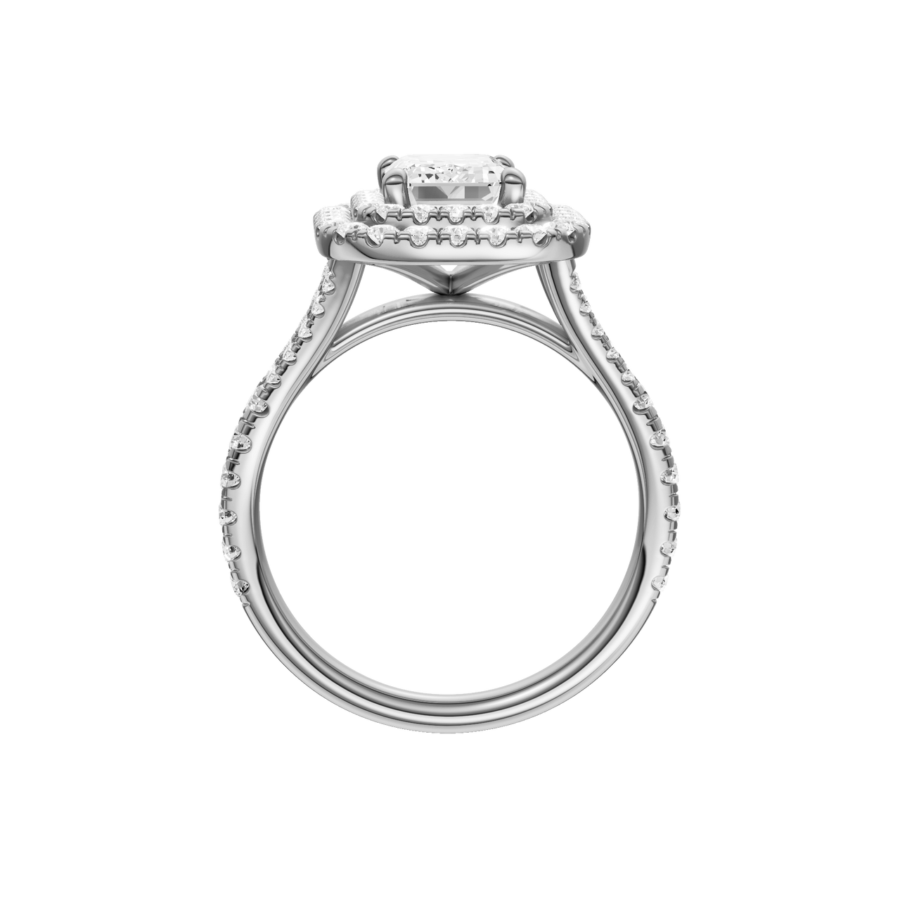 A profile view of the Emerald cut diamond engagement ring in 14k white gold with a prong diamond band and split setting