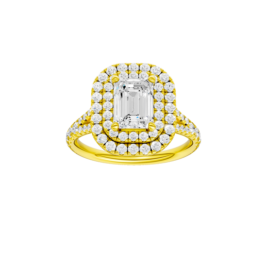 A front view of the Emerald cut diamond engagement ring in 14k yellow gold with a prong diamond band and split setting
