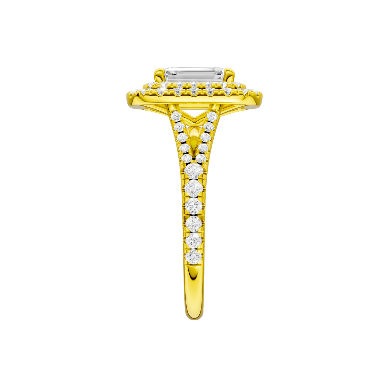 A side view of the Emerald cut diamond engagement ring in 14k yellow gold with a prong diamond band and split setting