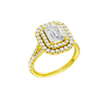 A three-quarter view of the Emerald cut diamond engagement ring in 14k yellow gold with a prong diamond band and split setting